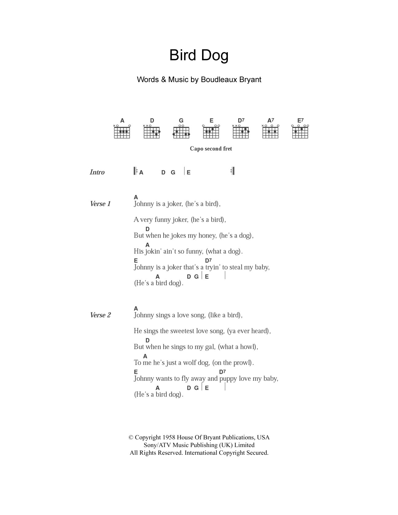 The Everly Brothers Bird Dog Sheet Music Notes & Chords for Lyrics & Chords - Download or Print PDF