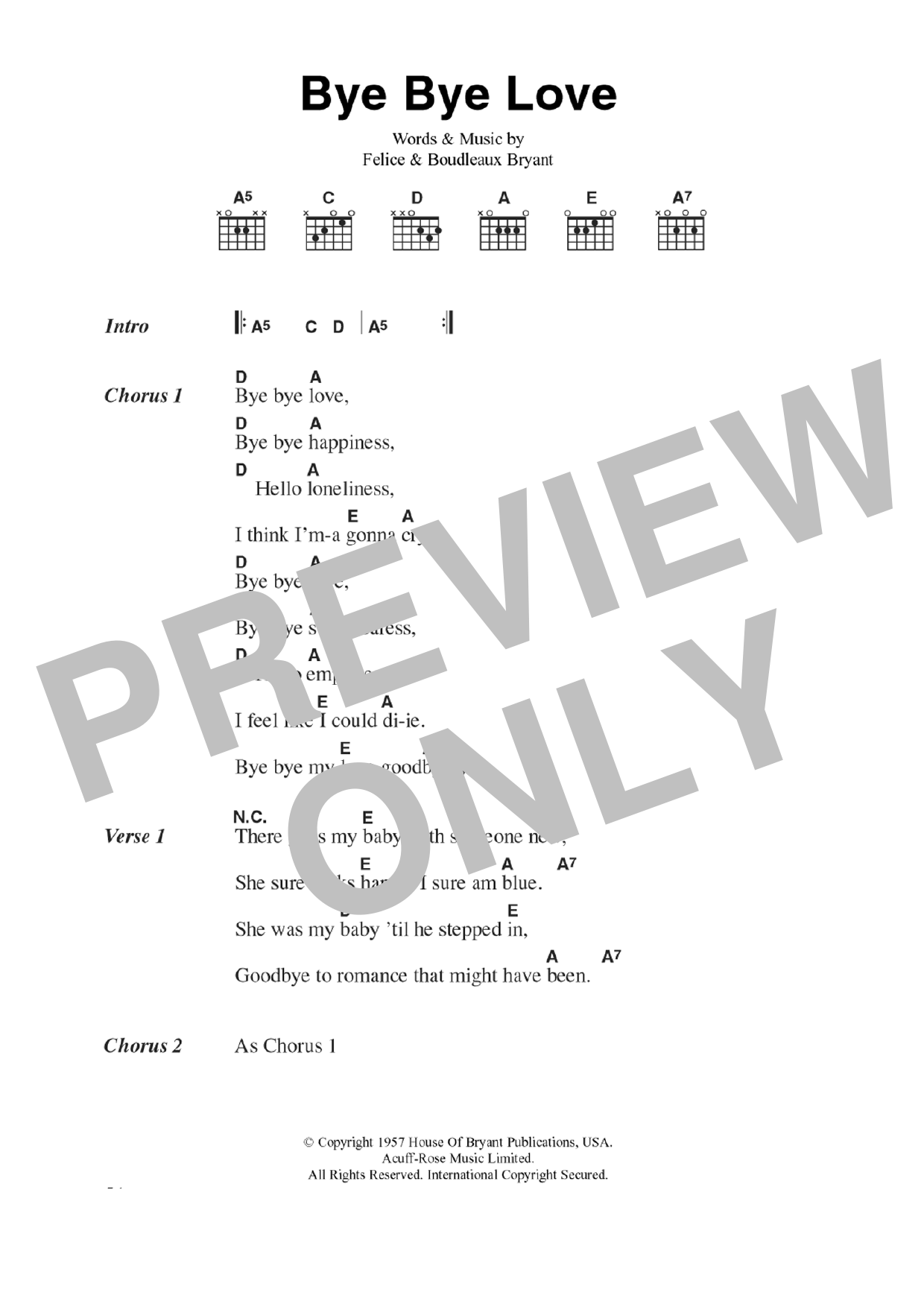 The Everly Brothers Bye Bye Love Sheet Music Notes & Chords for Ukulele - Download or Print PDF