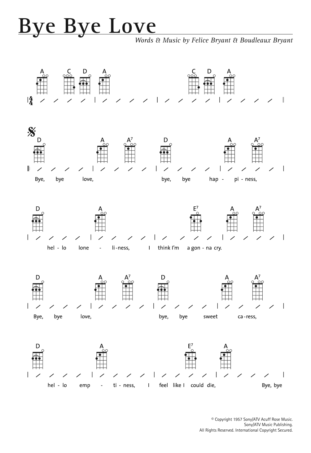 The Everly Brothers Bye Bye Love Sheet Music Notes & Chords for Guitar Chords/Lyrics - Download or Print PDF