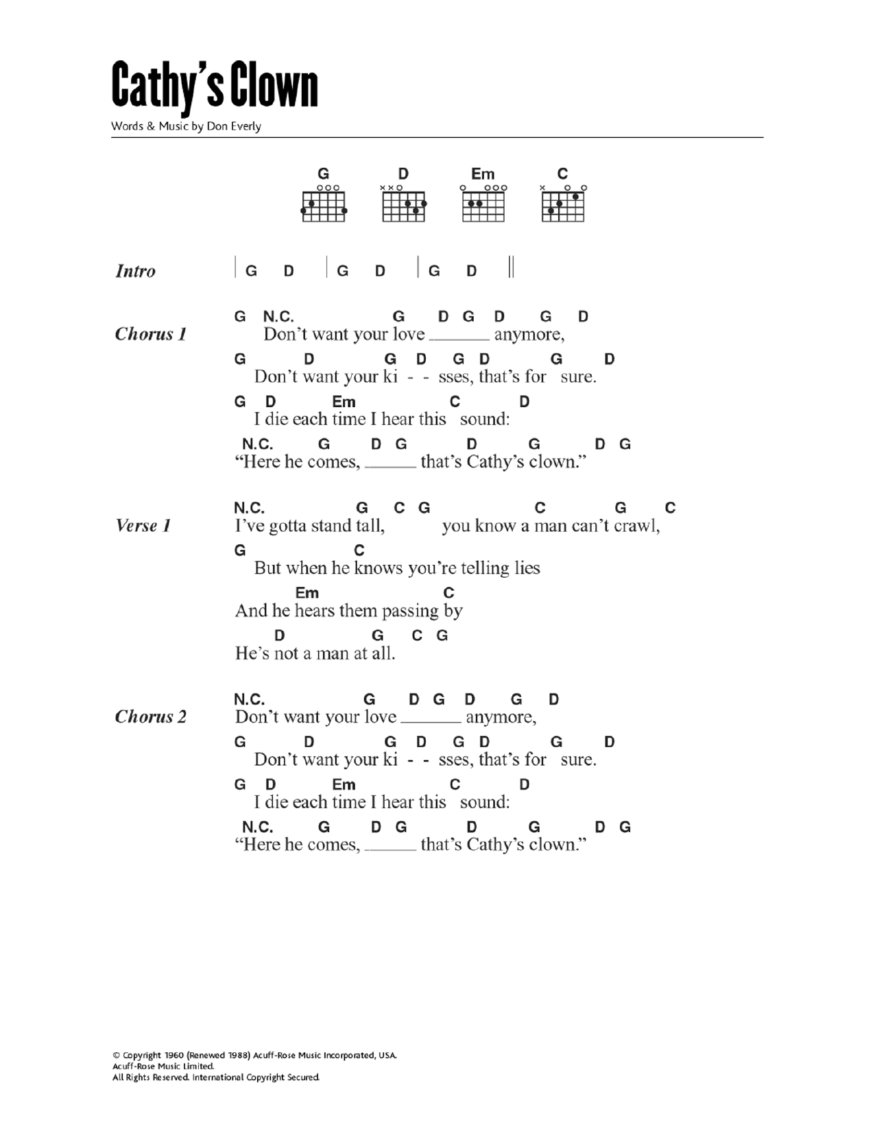 The Everly Brothers Cathy's Clown Sheet Music Notes & Chords for Lyrics & Chords - Download or Print PDF