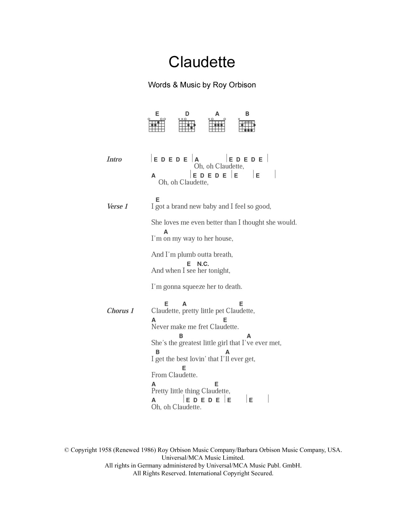 The Everly Brothers Claudette Sheet Music Notes & Chords for Lyrics & Chords - Download or Print PDF