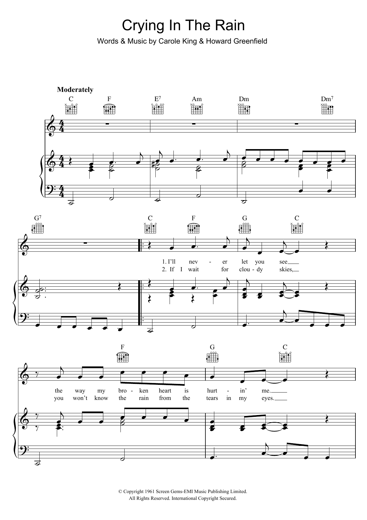 The Everly Brothers Crying In The Rain Sheet Music Notes & Chords for Lyrics & Chords - Download or Print PDF