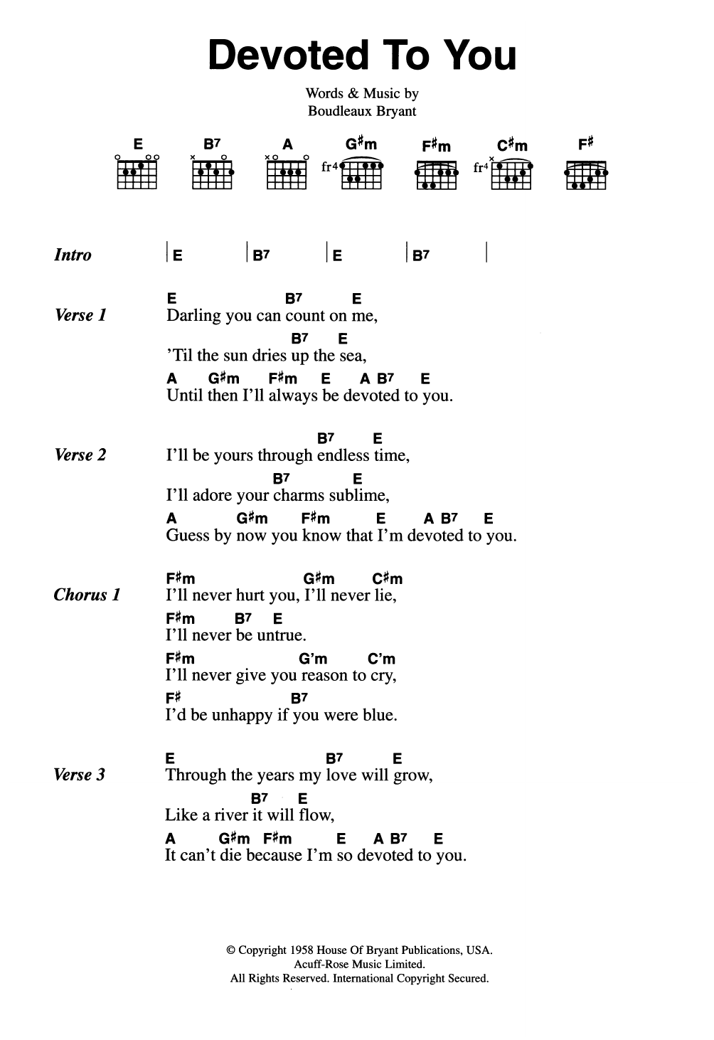 The Everly Brothers Devoted To You Sheet Music Notes & Chords for Lyrics & Chords - Download or Print PDF