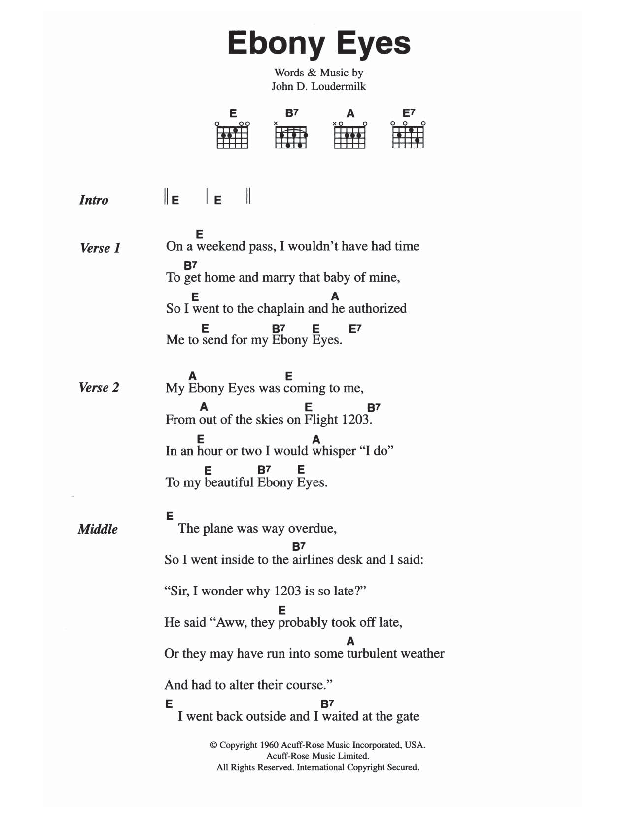 The Everly Brothers Ebony Eyes Sheet Music Notes & Chords for Lyrics & Chords - Download or Print PDF