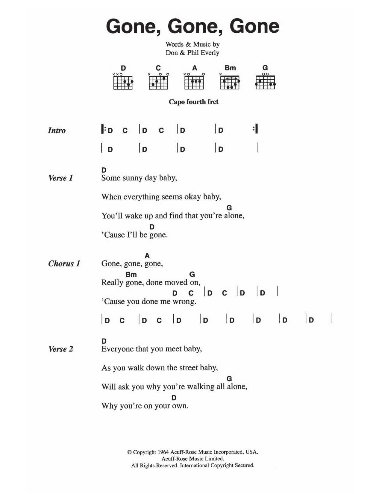 The Everly Brothers Gone, Gone, Gone (Done Moved On) Sheet Music Notes & Chords for Lyrics & Chords - Download or Print PDF