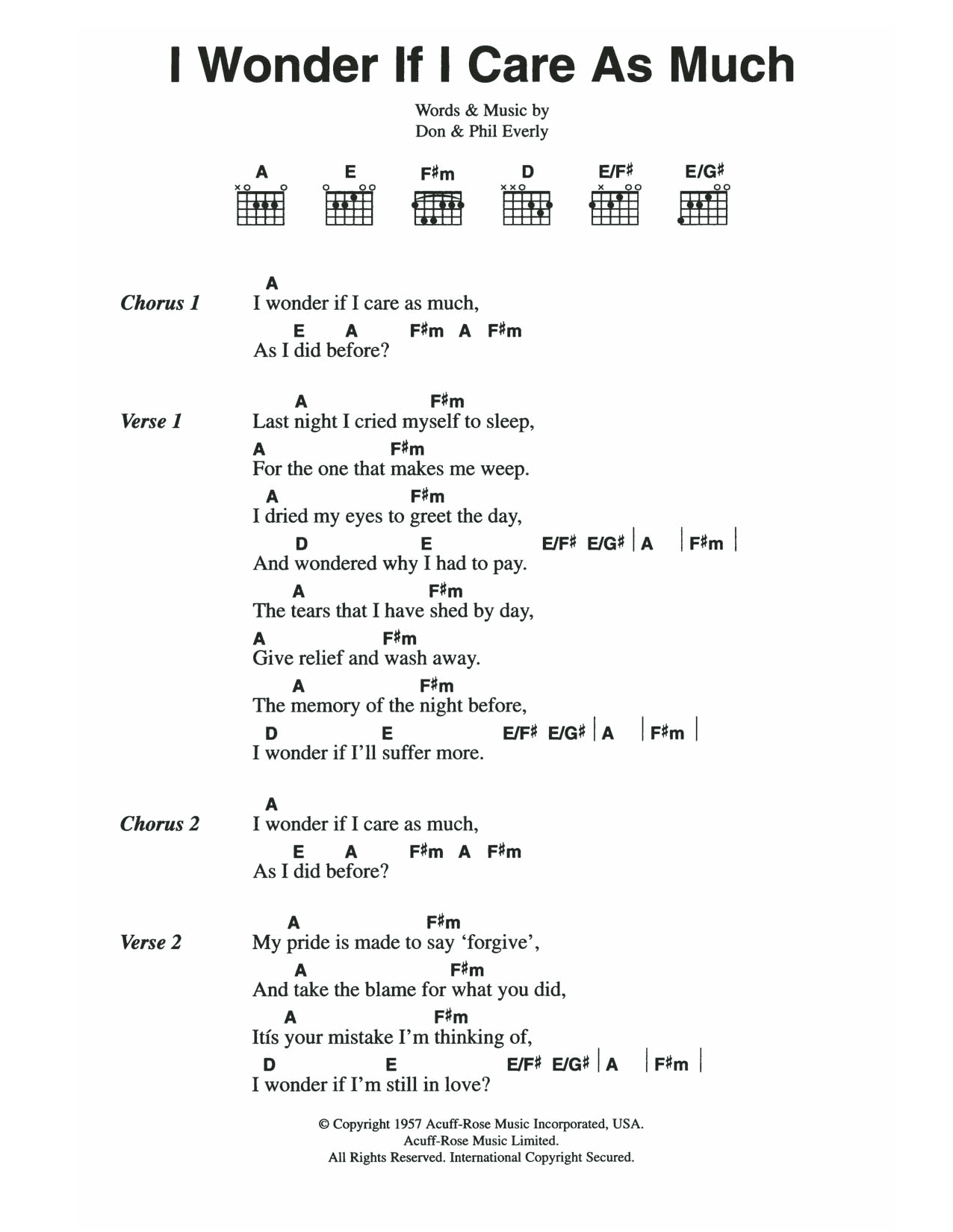 The Everly Brothers I Wonder If I Care As Much Sheet Music Notes & Chords for Lyrics & Chords - Download or Print PDF