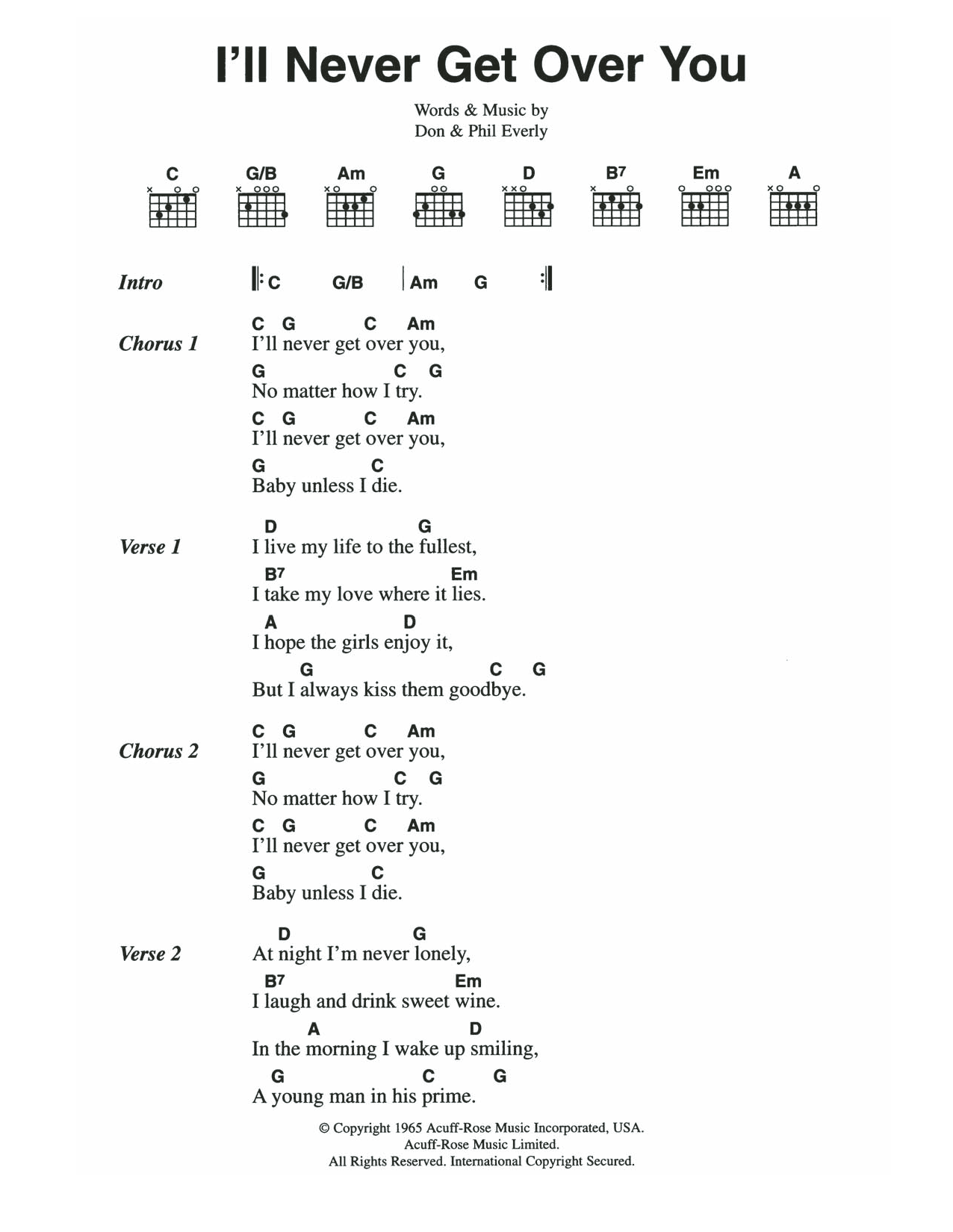 The Everly Brothers I'll Never Get Over You Sheet Music Notes & Chords for Guitar Chords/Lyrics - Download or Print PDF