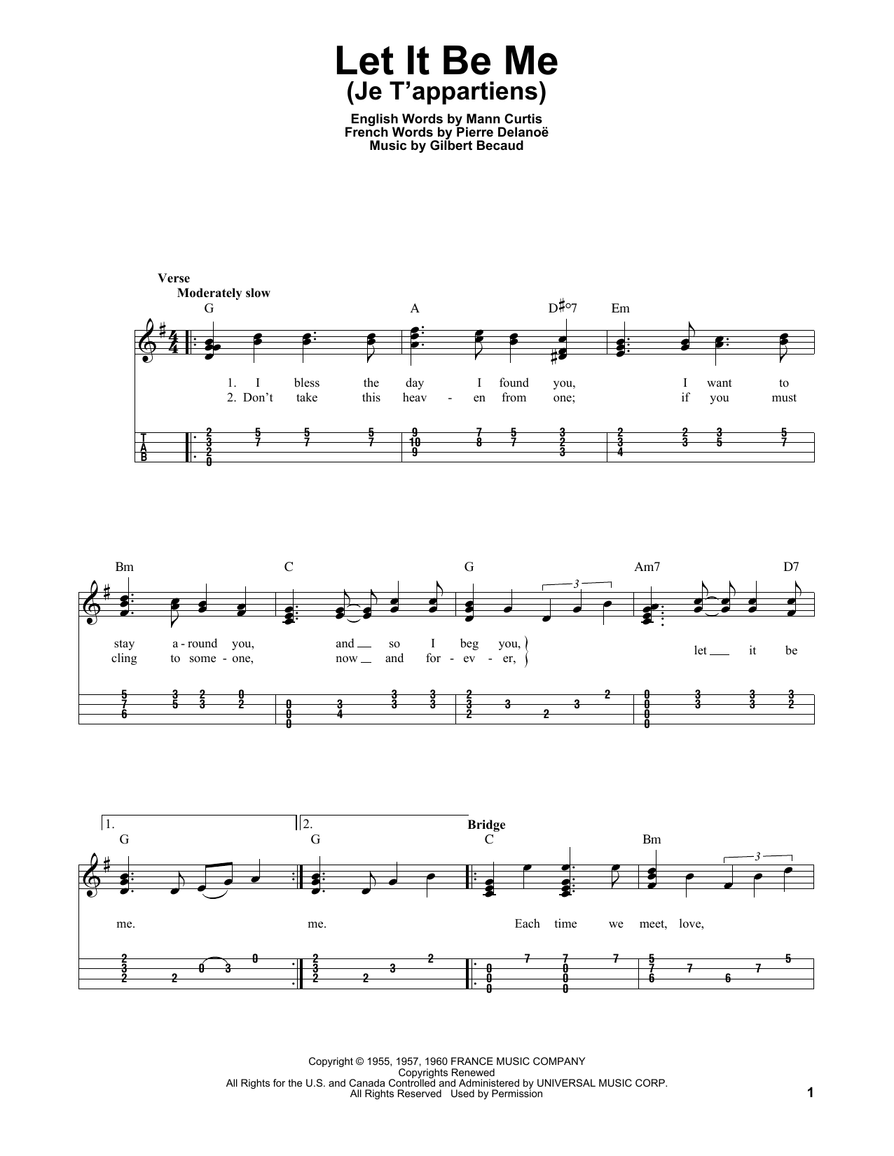 The Everly Brothers Let It Be Me (Je T'appartiens) Sheet Music Notes & Chords for Easy Ukulele Tab - Download or Print PDF