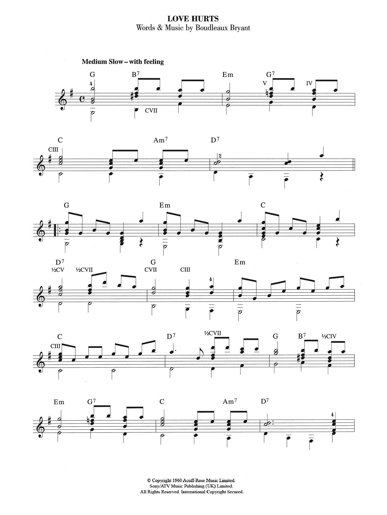 The Everly Brothers Love Hurts Sheet Music Notes & Chords for Guitar - Download or Print PDF