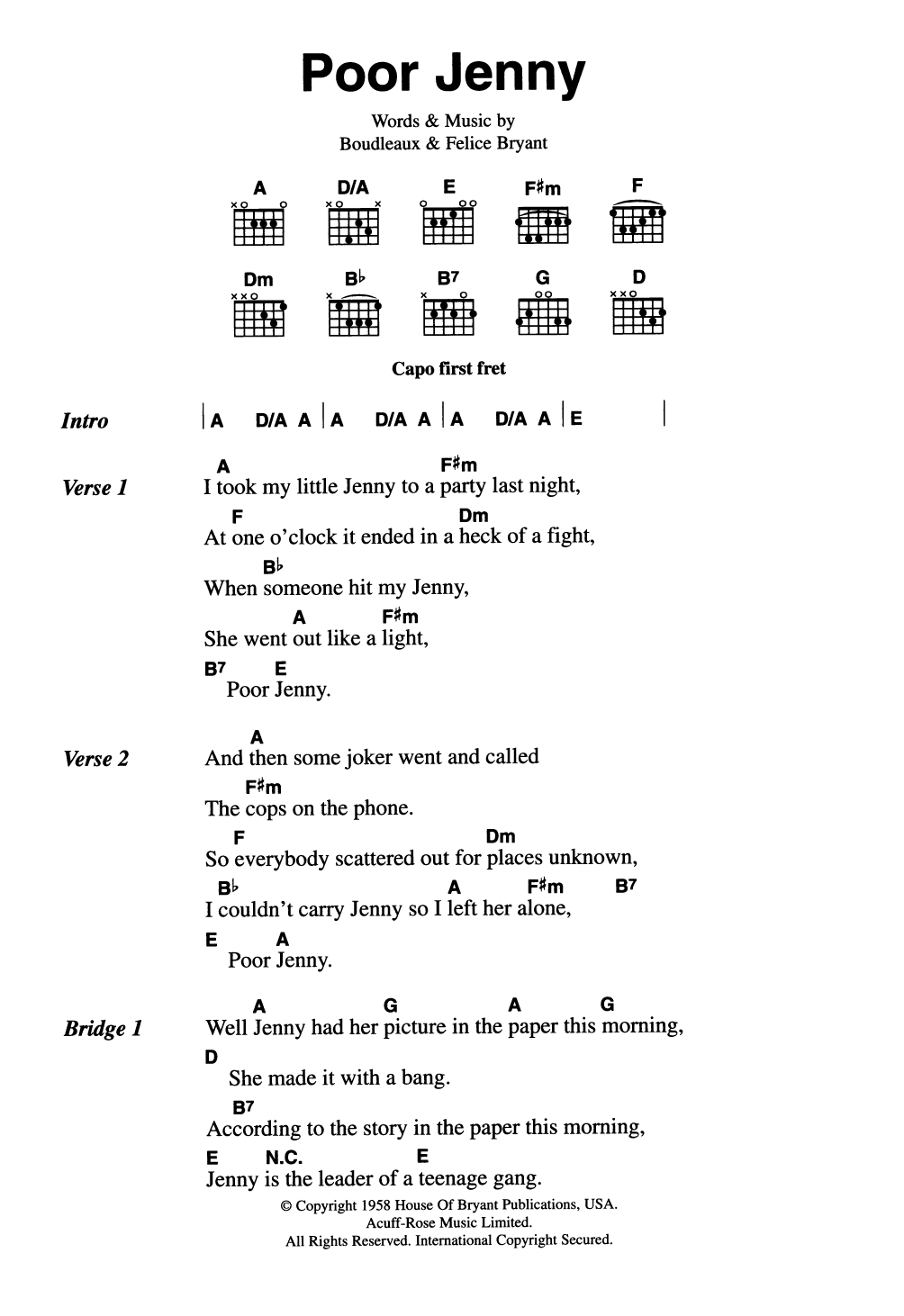 The Everly Brothers Poor Jenny Sheet Music Notes & Chords for Guitar Chords/Lyrics - Download or Print PDF