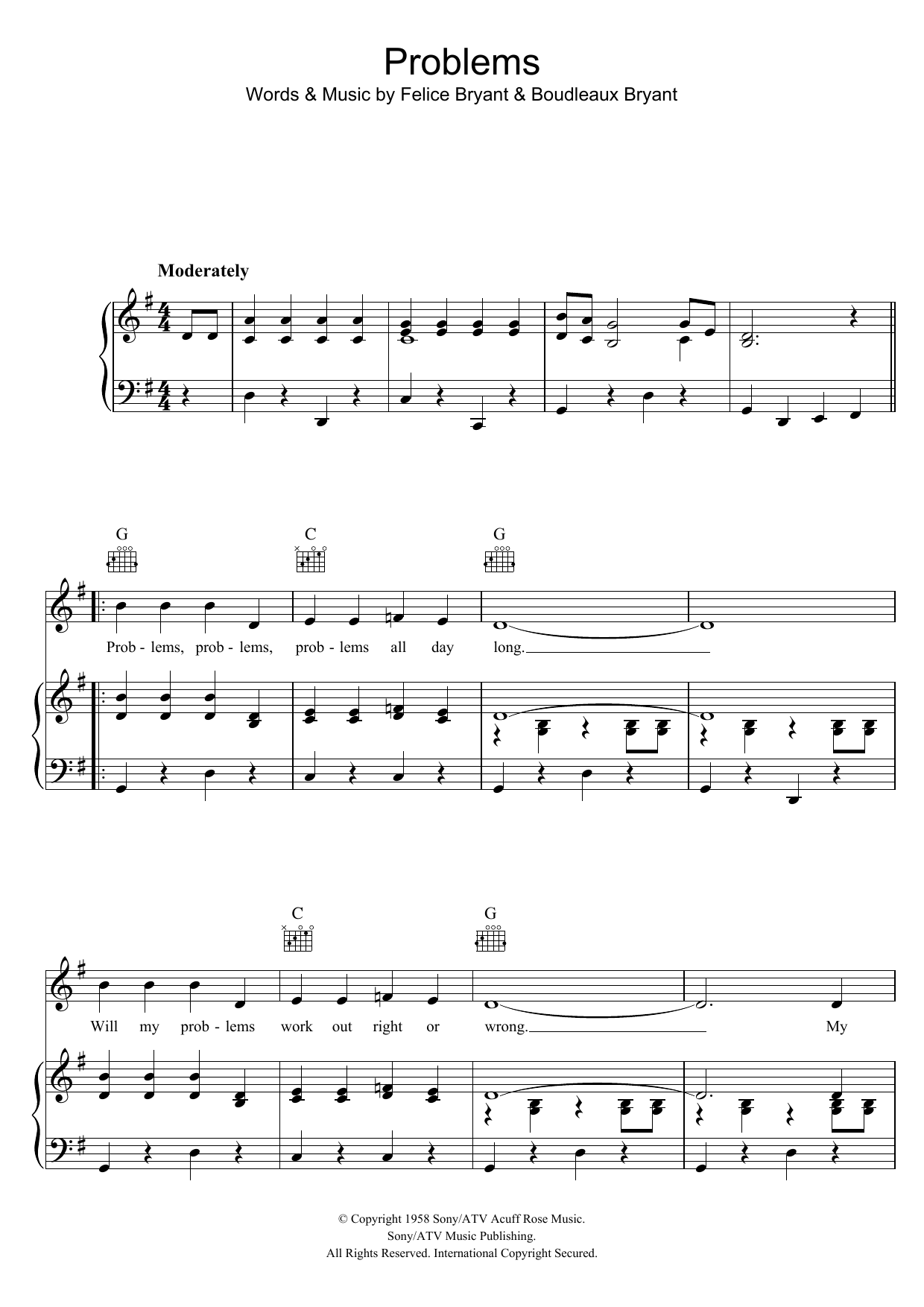 The Everly Brothers Problems Sheet Music Notes & Chords for Piano, Vocal & Guitar (Right-Hand Melody) - Download or Print PDF
