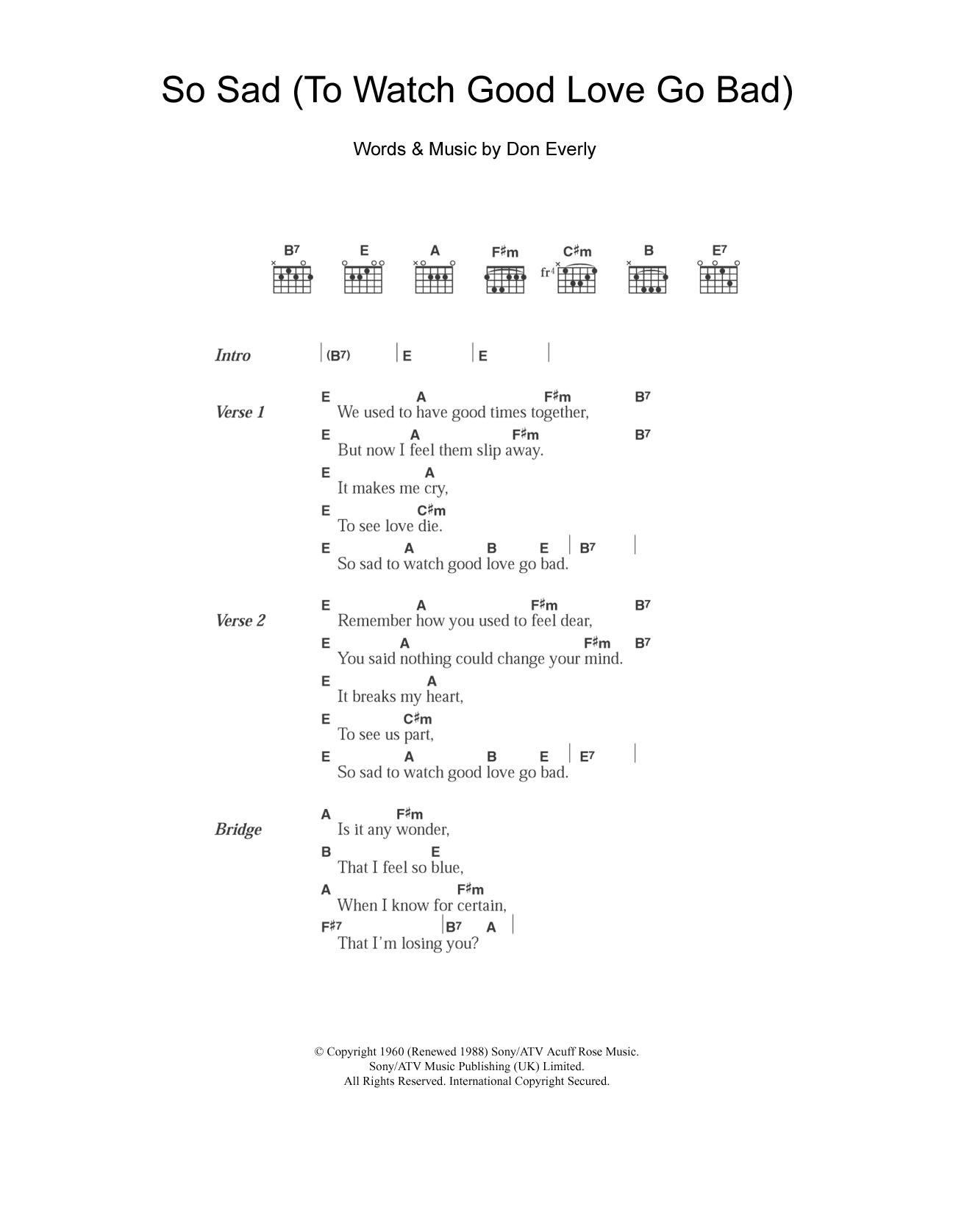 The Everly Brothers So Sad (To Watch Good Love Go Bad) Sheet Music Notes & Chords for Lyrics & Chords - Download or Print PDF