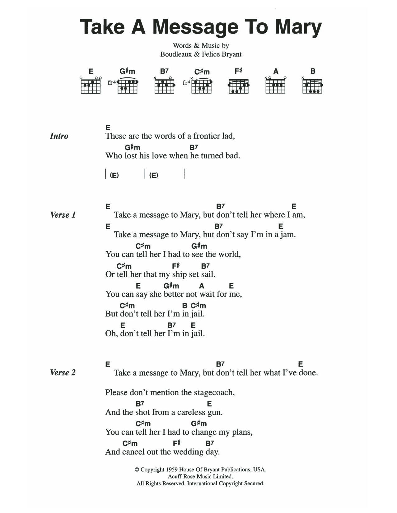 The Everly Brothers Take A Message To Mary Sheet Music Notes & Chords for Guitar Chords/Lyrics - Download or Print PDF