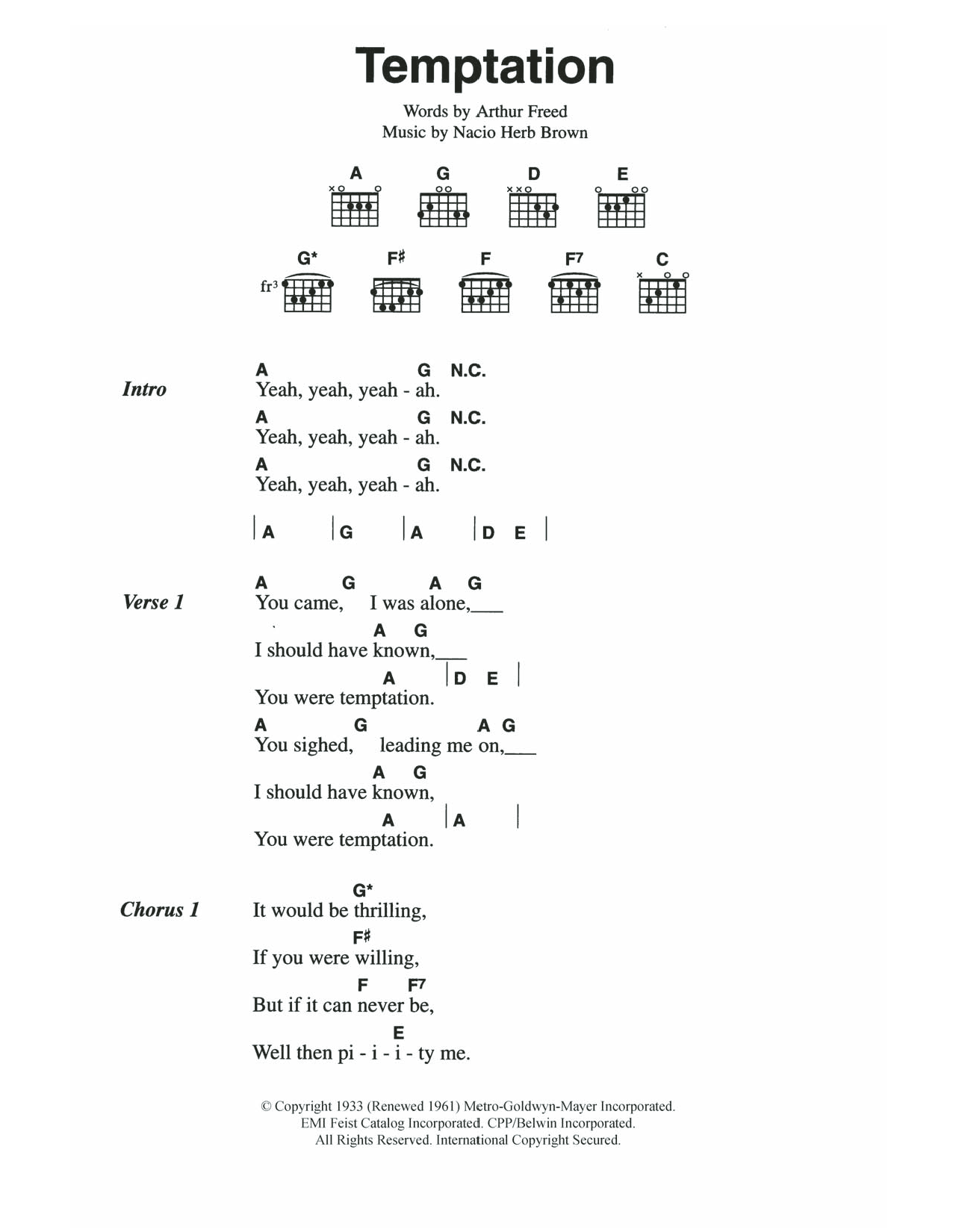 The Everly Brothers Temptation Sheet Music Notes & Chords for Guitar Chords/Lyrics - Download or Print PDF