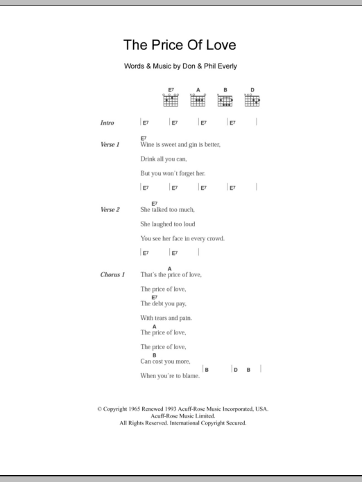 The Everly Brothers The Price Of Love Sheet Music Notes & Chords for Piano, Vocal & Guitar (Right-Hand Melody) - Download or Print PDF