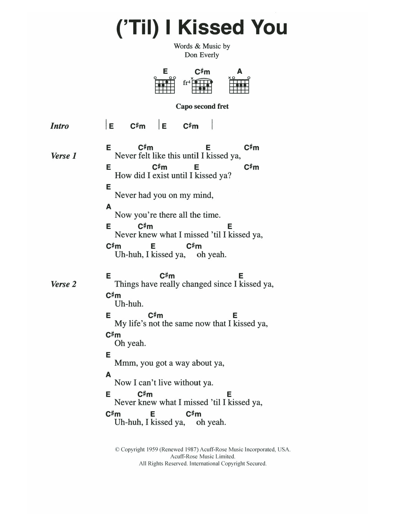 The Everly Brothers ('Til) I Kissed You Sheet Music Notes & Chords for Lyrics & Chords - Download or Print PDF