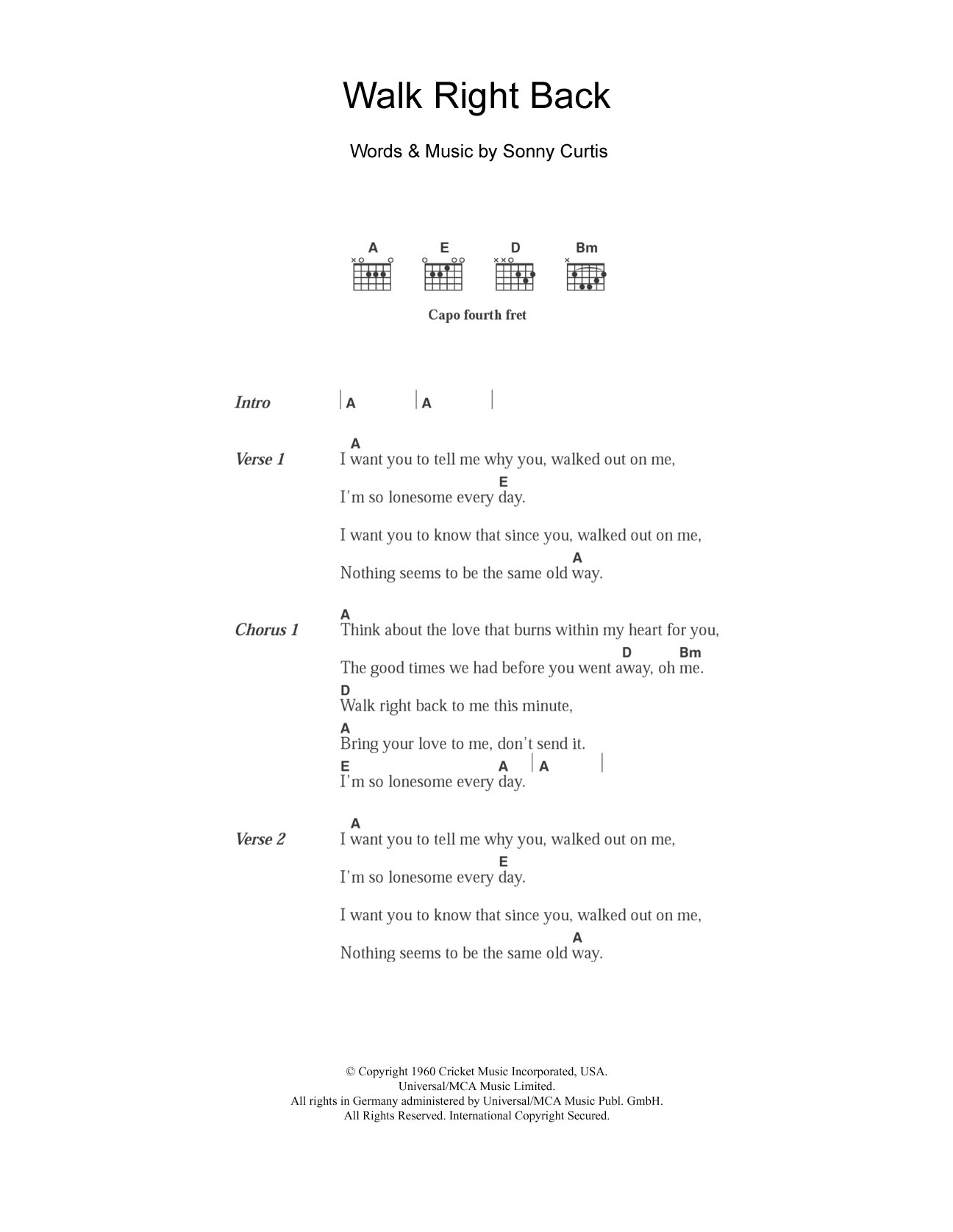 The Everly Brothers Walk Right Back Sheet Music Notes & Chords for Guitar Chords/Lyrics - Download or Print PDF