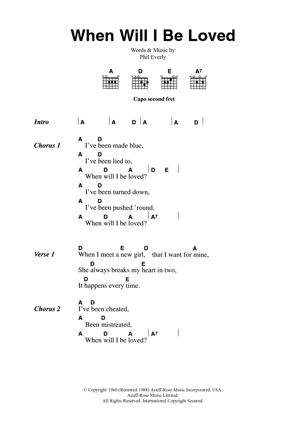 The Everly Brothers When Will I Be Loved? Sheet Music Notes & Chords for Guitar Chords/Lyrics - Download or Print PDF