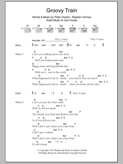 The Farm Groovy Train Sheet Music Notes & Chords for Lyrics & Chords - Download or Print PDF