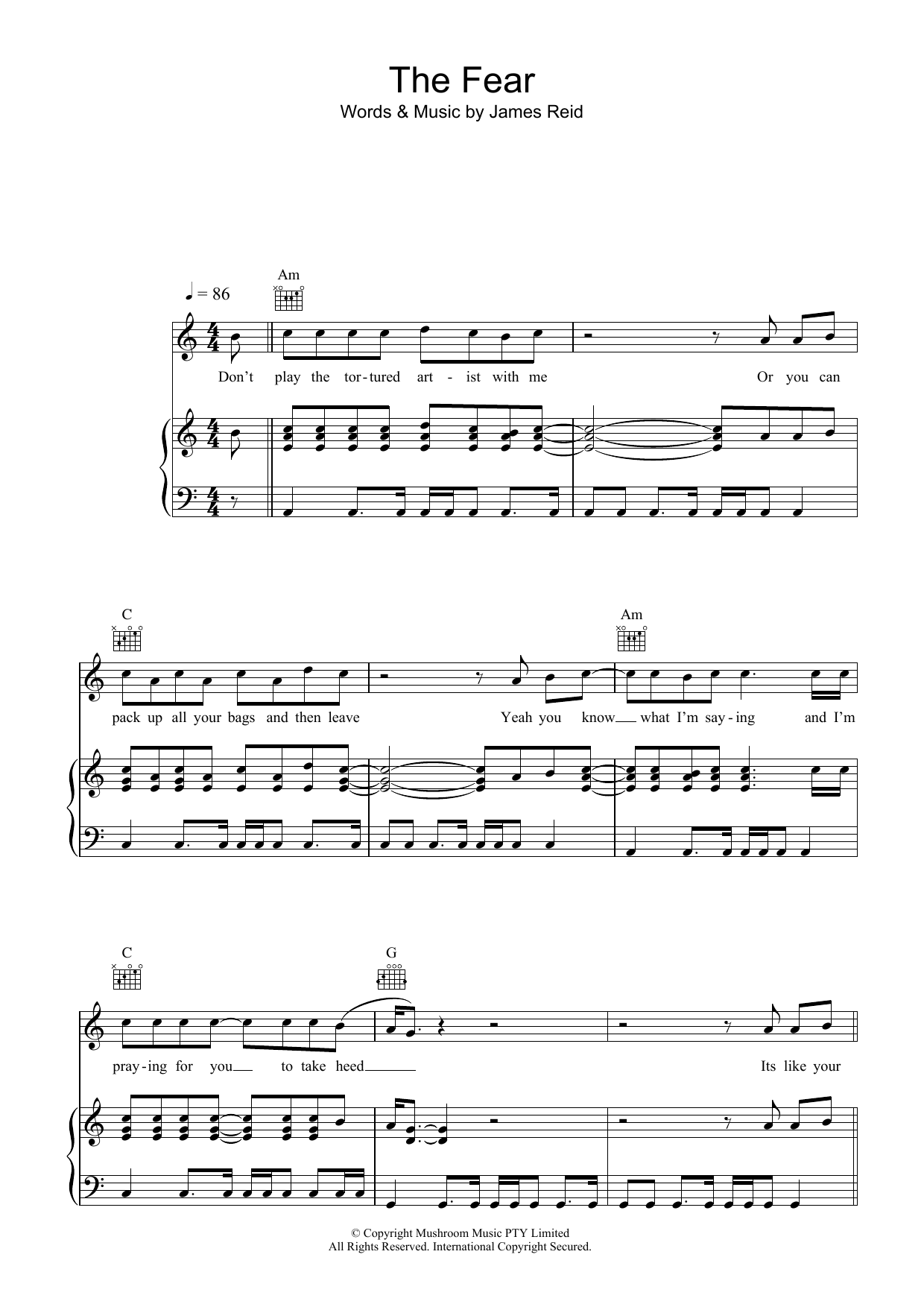 The Feelers The Fear Sheet Music Notes & Chords for Piano, Vocal & Guitar (Right-Hand Melody) - Download or Print PDF