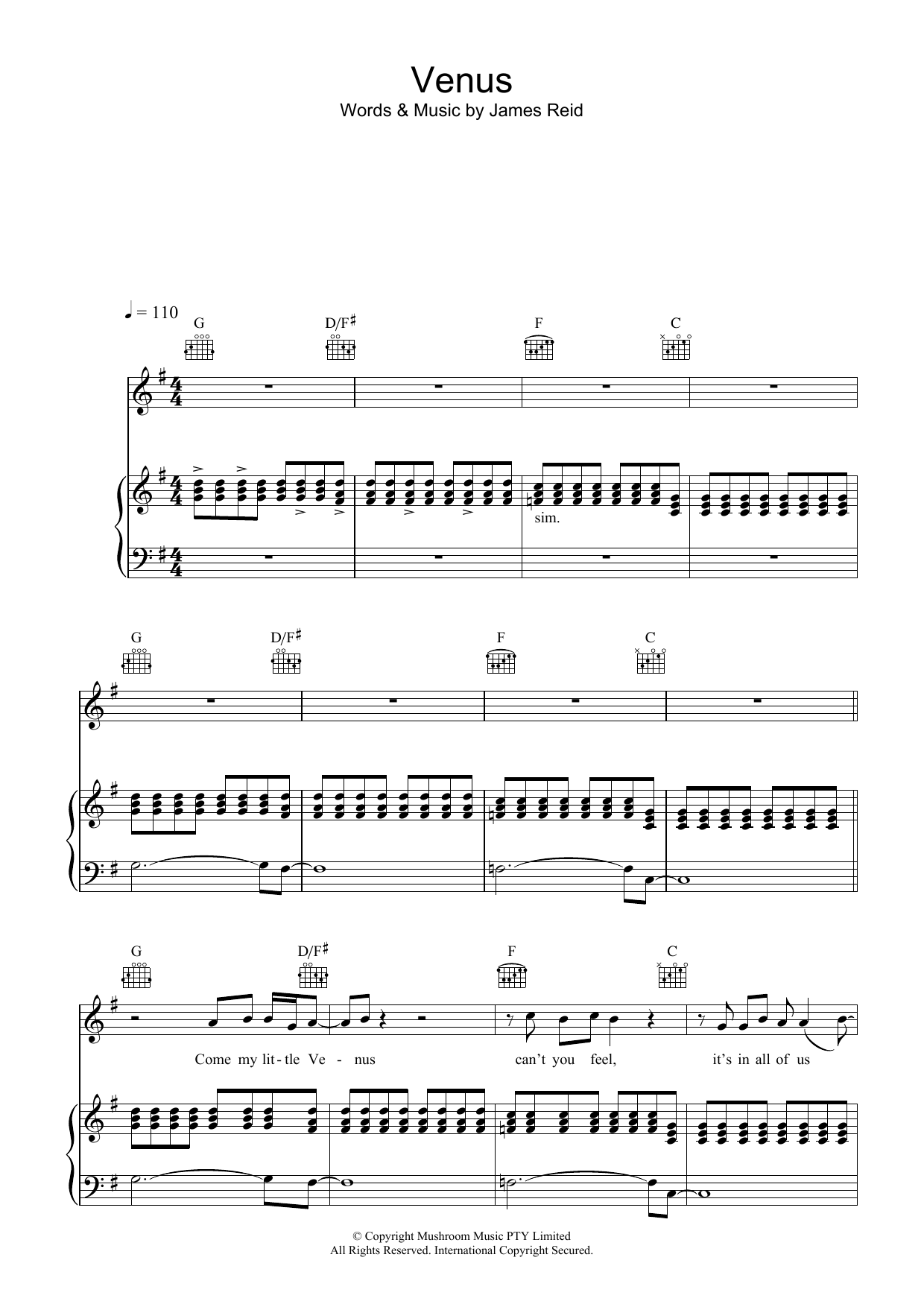 The Feelers Venus Sheet Music Notes & Chords for Piano, Vocal & Guitar (Right-Hand Melody) - Download or Print PDF