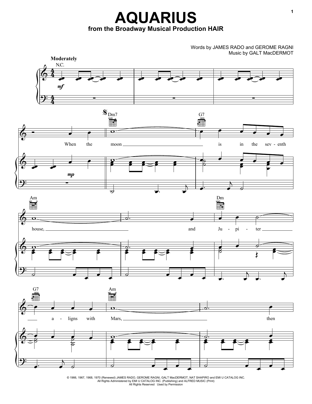 The Fifth Dimension Aquarius Sheet Music Notes & Chords for Melody Line, Lyrics & Chords - Download or Print PDF