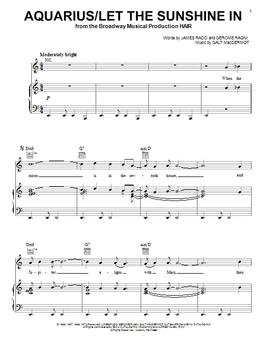 The Fifth Dimension Aquarius/Let The Sunshine In Sheet Music Notes & Chords for Piano, Vocal & Guitar (Right-Hand Melody) - Download or Print PDF