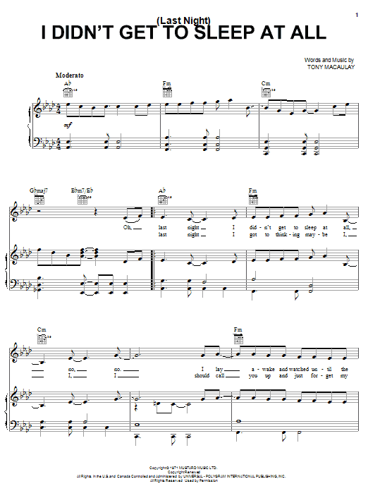 The Fifth Dimension (Last Night) I Didn't Get To Sleep At All Sheet Music Notes & Chords for Piano, Vocal & Guitar (Right-Hand Melody) - Download or Print PDF