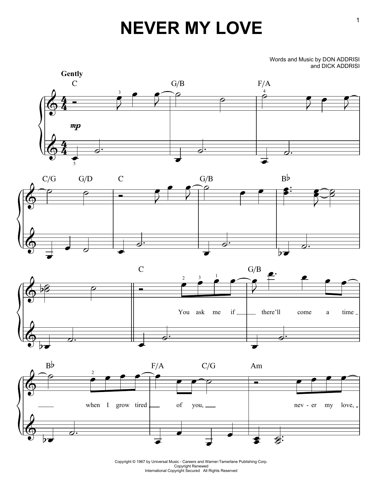 The Fifth Dimension Never My Love Sheet Music Notes & Chords for Easy Piano - Download or Print PDF