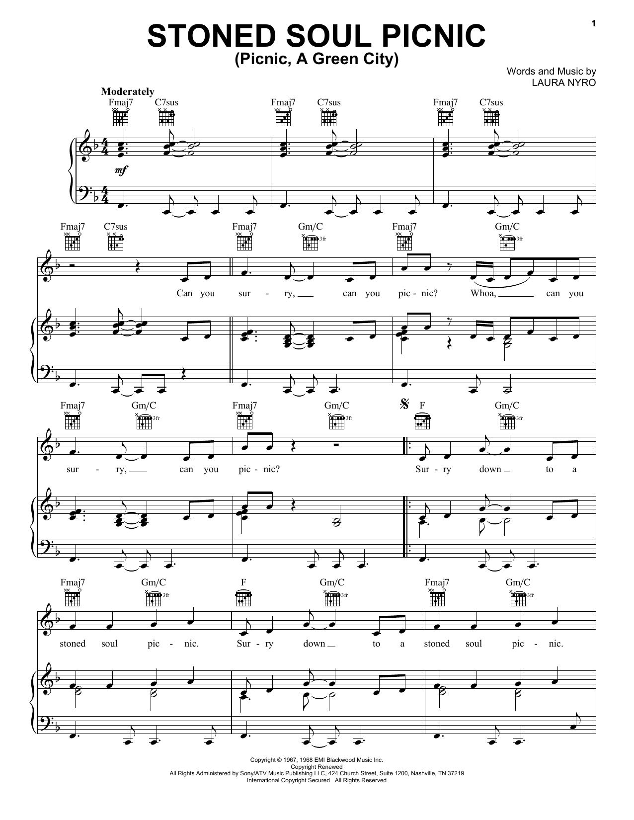 The Fifth Dimension Stoned Soul Picnic (Picnic, A Green City) Sheet Music Notes & Chords for Piano, Vocal & Guitar (Right-Hand Melody) - Download or Print PDF