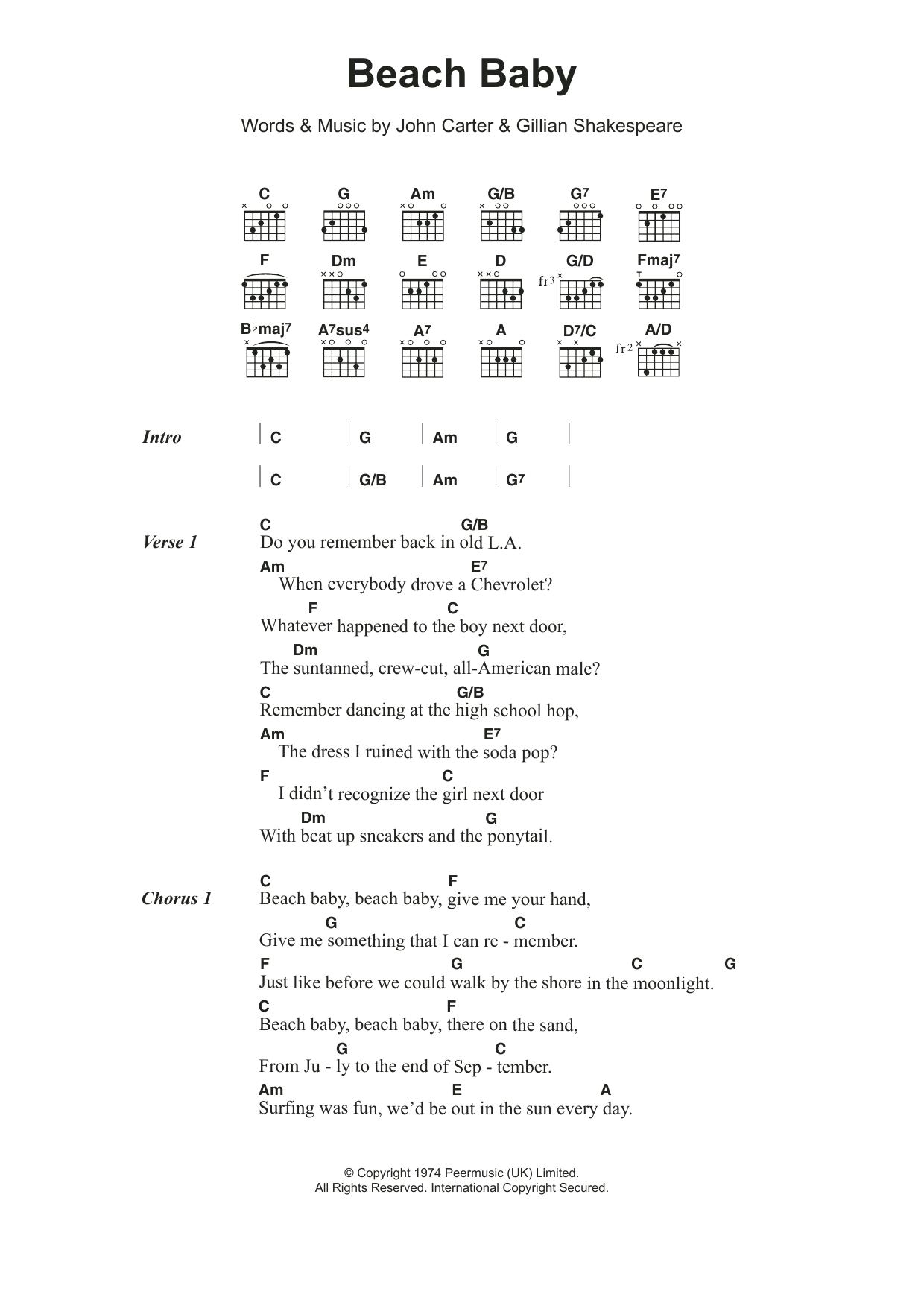 The First Class Beach Baby Sheet Music Notes & Chords for Lyrics & Chords - Download or Print PDF