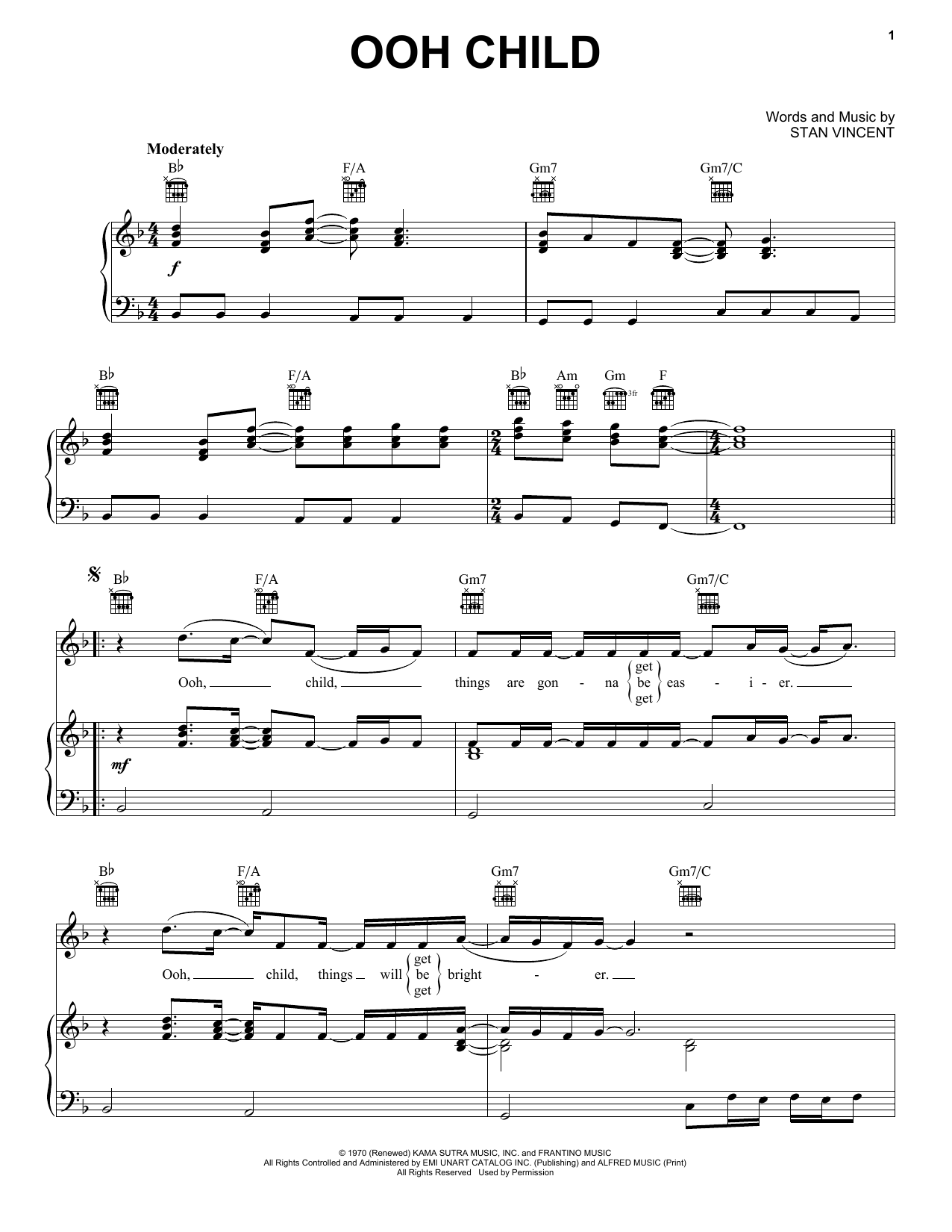 The Five Fairsteps Ooh Child Sheet Music Notes & Chords for Piano, Vocal & Guitar (Right-Hand Melody) - Download or Print PDF