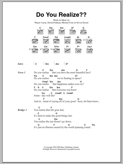 The Flaming Lips Do You Realize?? Sheet Music Notes & Chords for Lyrics & Chords - Download or Print PDF