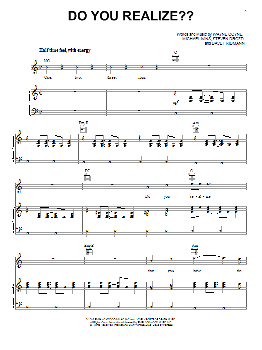 The Flaming Lips Do You Realize?? Sheet Music Notes & Chords for Piano, Vocal & Guitar (Right-Hand Melody) - Download or Print PDF