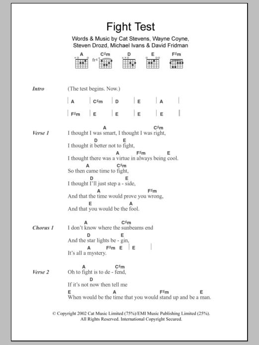 The Flaming Lips Fight Test Sheet Music Notes & Chords for Lyrics & Chords - Download or Print PDF