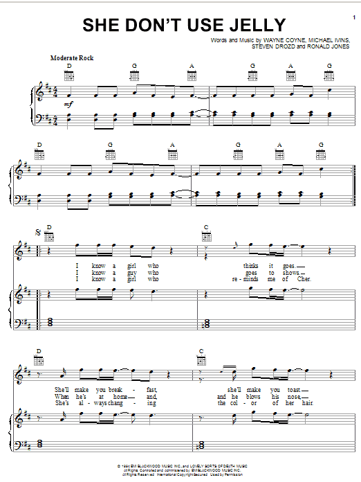 The Flaming Lips She Don't Use Jelly Sheet Music Notes & Chords for Piano, Vocal & Guitar (Right-Hand Melody) - Download or Print PDF