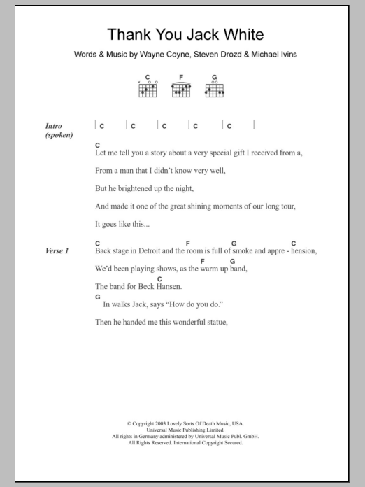 The Flaming Lips Thank You Jack White Sheet Music Notes & Chords for Lyrics & Chords - Download or Print PDF