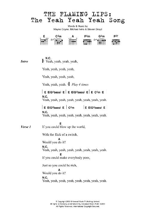 The Flaming Lips The Yeah Yeah Yeah Song Sheet Music Notes & Chords for Lyrics & Chords - Download or Print PDF