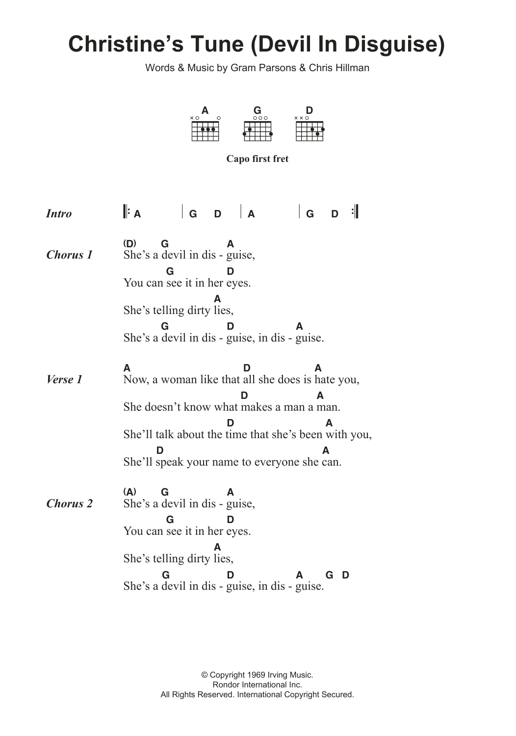 The Flying Burrito Brothers Christine's Tune (Devil In Disguise) Sheet Music Notes & Chords for Lyrics & Chords - Download or Print PDF