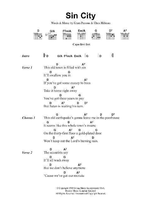 The Flying Burrito Brothers Sin City Sheet Music Notes & Chords for Lyrics & Chords - Download or Print PDF