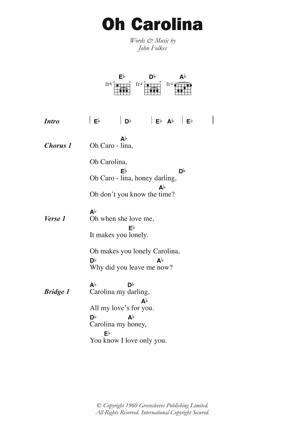 The Folkes Brothers Oh Carolina Sheet Music Notes & Chords for Lyrics & Chords - Download or Print PDF