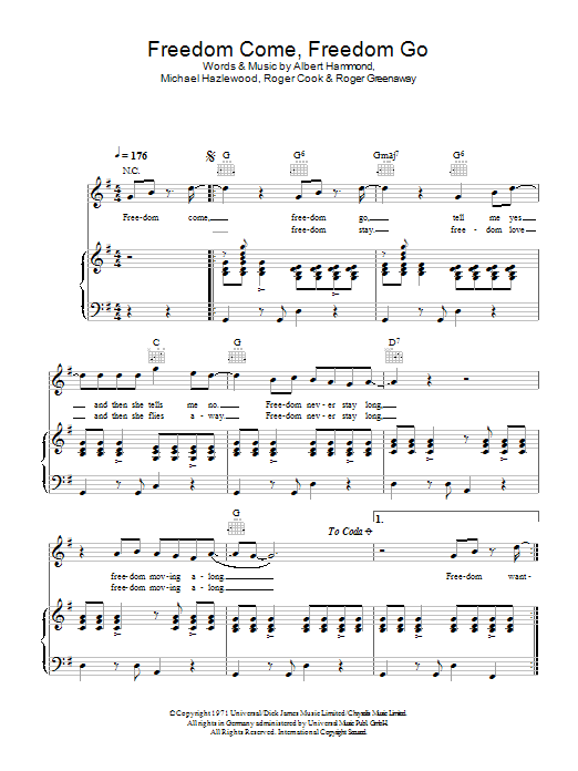 The Fortunes Freedom Come, Freedom Go Sheet Music Notes & Chords for Piano, Vocal & Guitar - Download or Print PDF