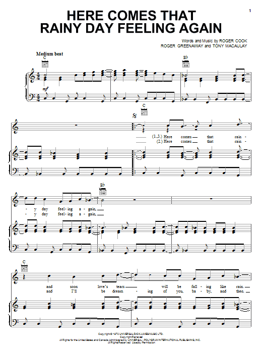 The Fortunes Here Comes That Rainy Day Feeling Again Sheet Music Notes & Chords for Piano, Vocal & Guitar (Right-Hand Melody) - Download or Print PDF