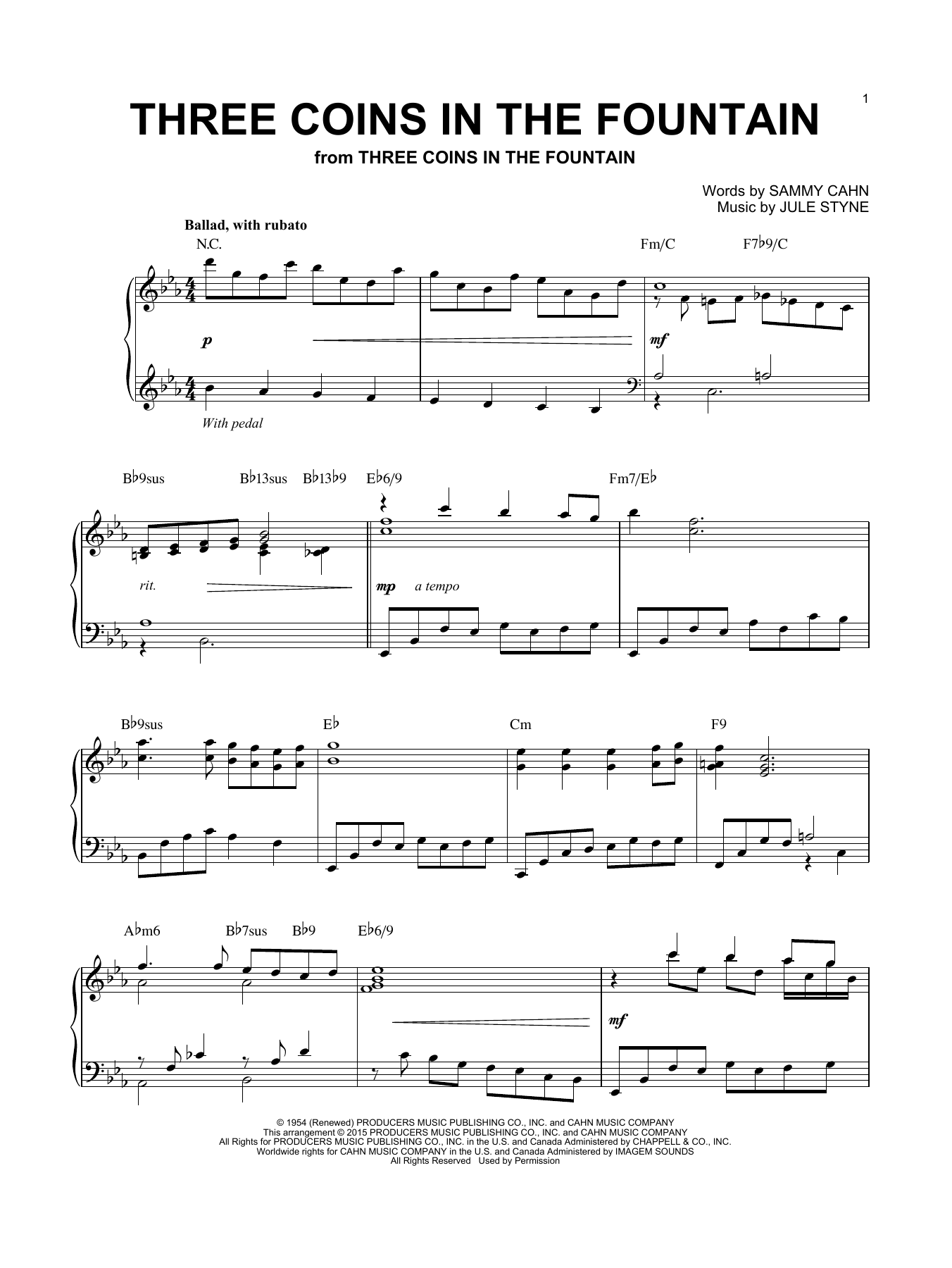 The Four Aces Three Coins In The Fountain [Jazz version] (arr. Brent Edstrom) Sheet Music Notes & Chords for Piano - Download or Print PDF