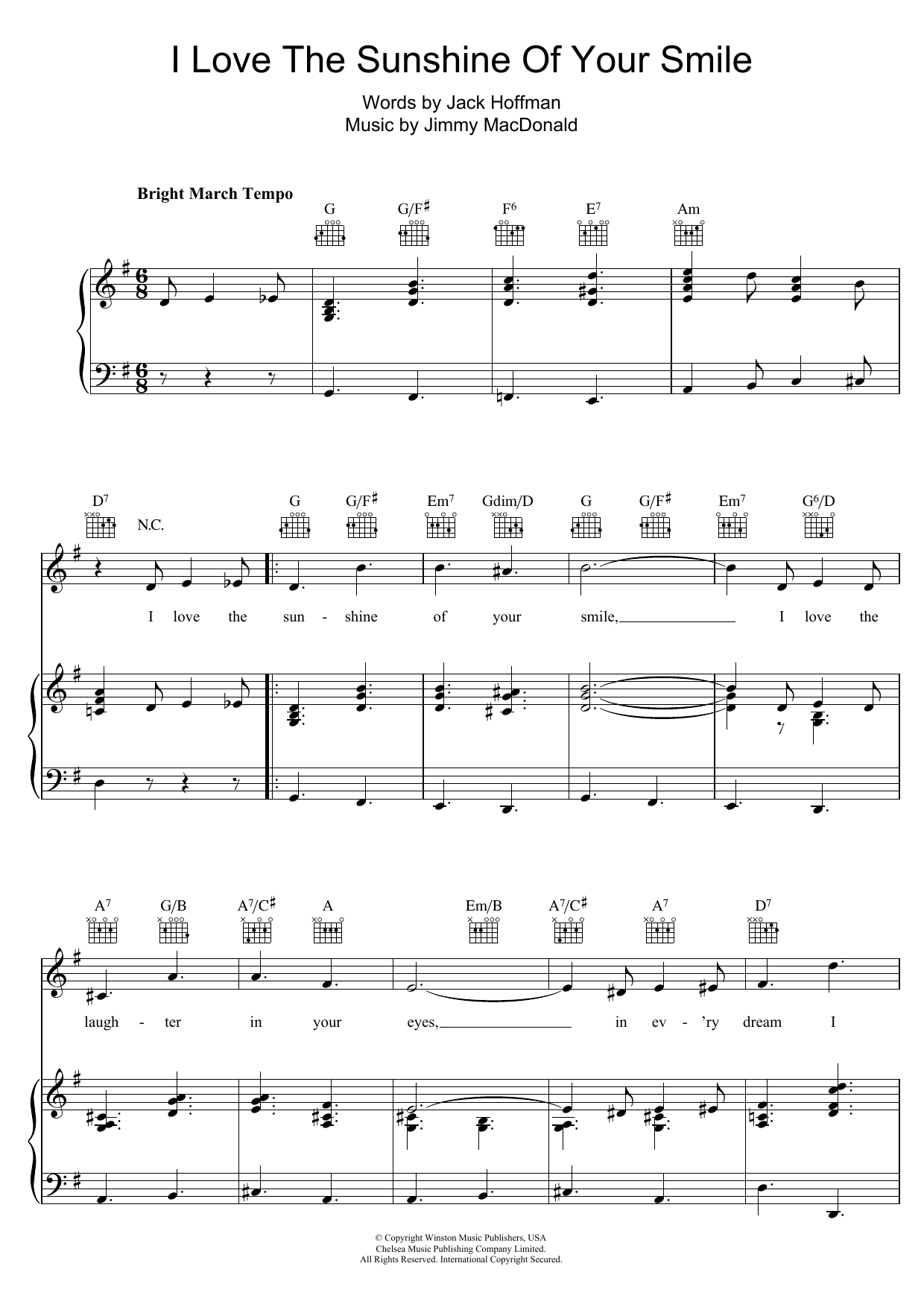 The Four Knights I Love The Sunshine Of Your Smile Sheet Music Notes & Chords for Piano, Vocal & Guitar (Right-Hand Melody) - Download or Print PDF