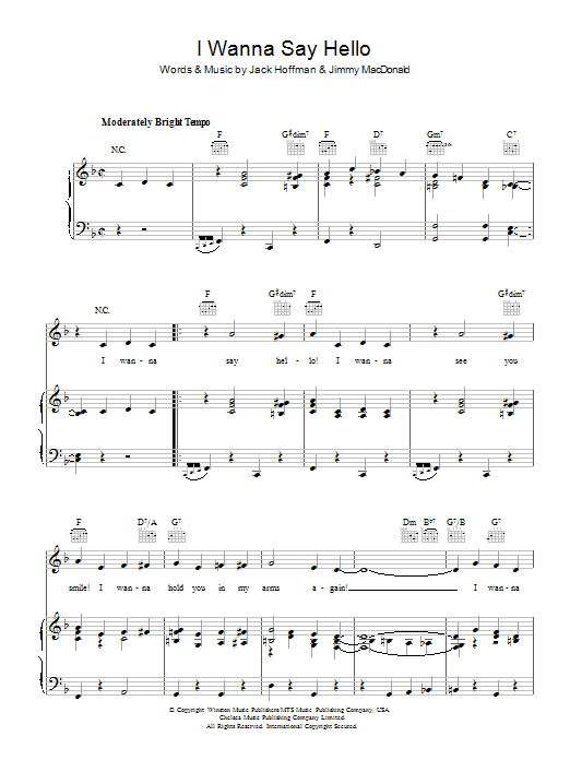 The Four Knights I Wanna Say Hello Sheet Music Notes & Chords for Piano, Vocal & Guitar (Right-Hand Melody) - Download or Print PDF