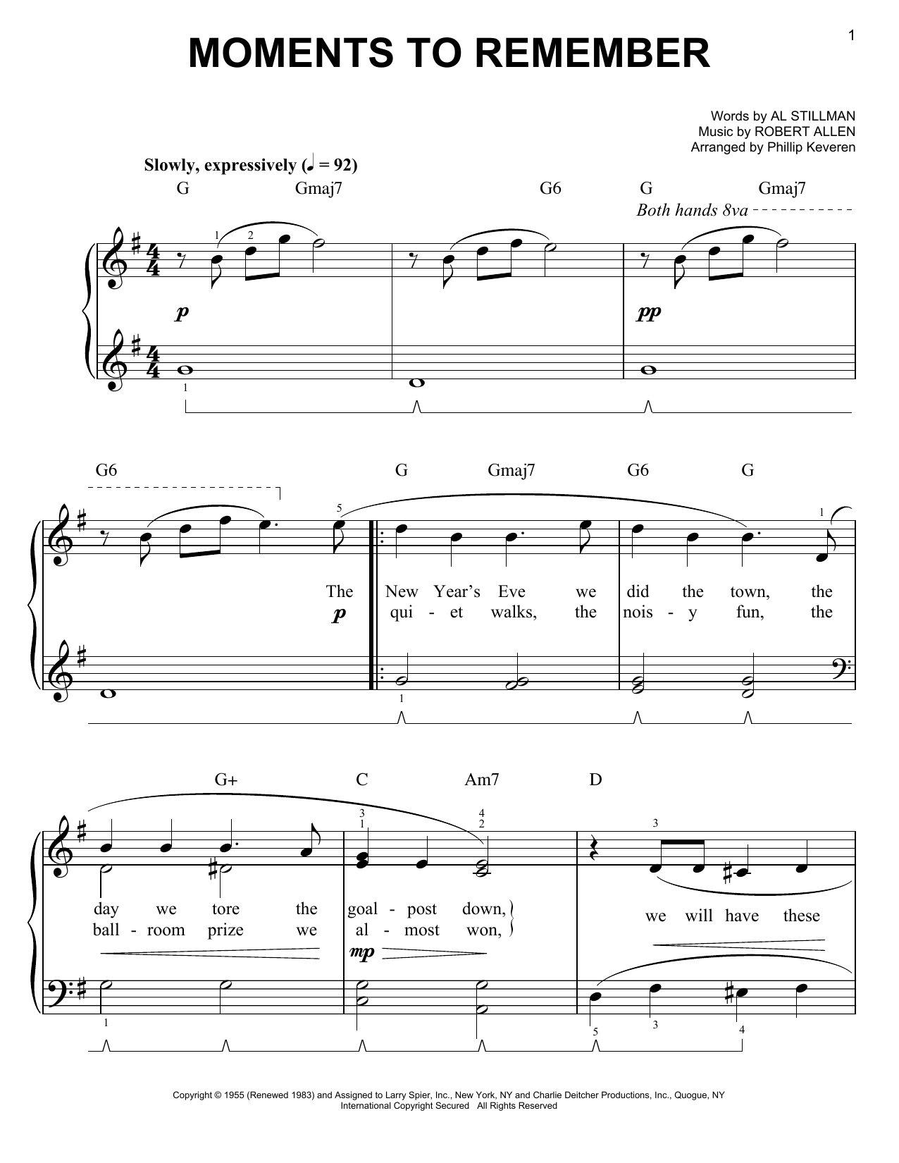 The Four Lads Moments To Remember (arr. Phillip Keveren) Sheet Music Notes & Chords for Easy Piano - Download or Print PDF