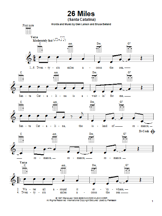 The Four Preps 26 Miles (Santa Catalina) Sheet Music Notes & Chords for Ukulele - Download or Print PDF