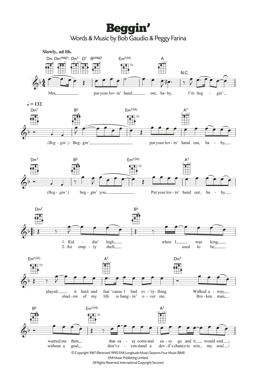 The Four Seasons Beggin' Sheet Music Notes & Chords for Ukulele - Download or Print PDF