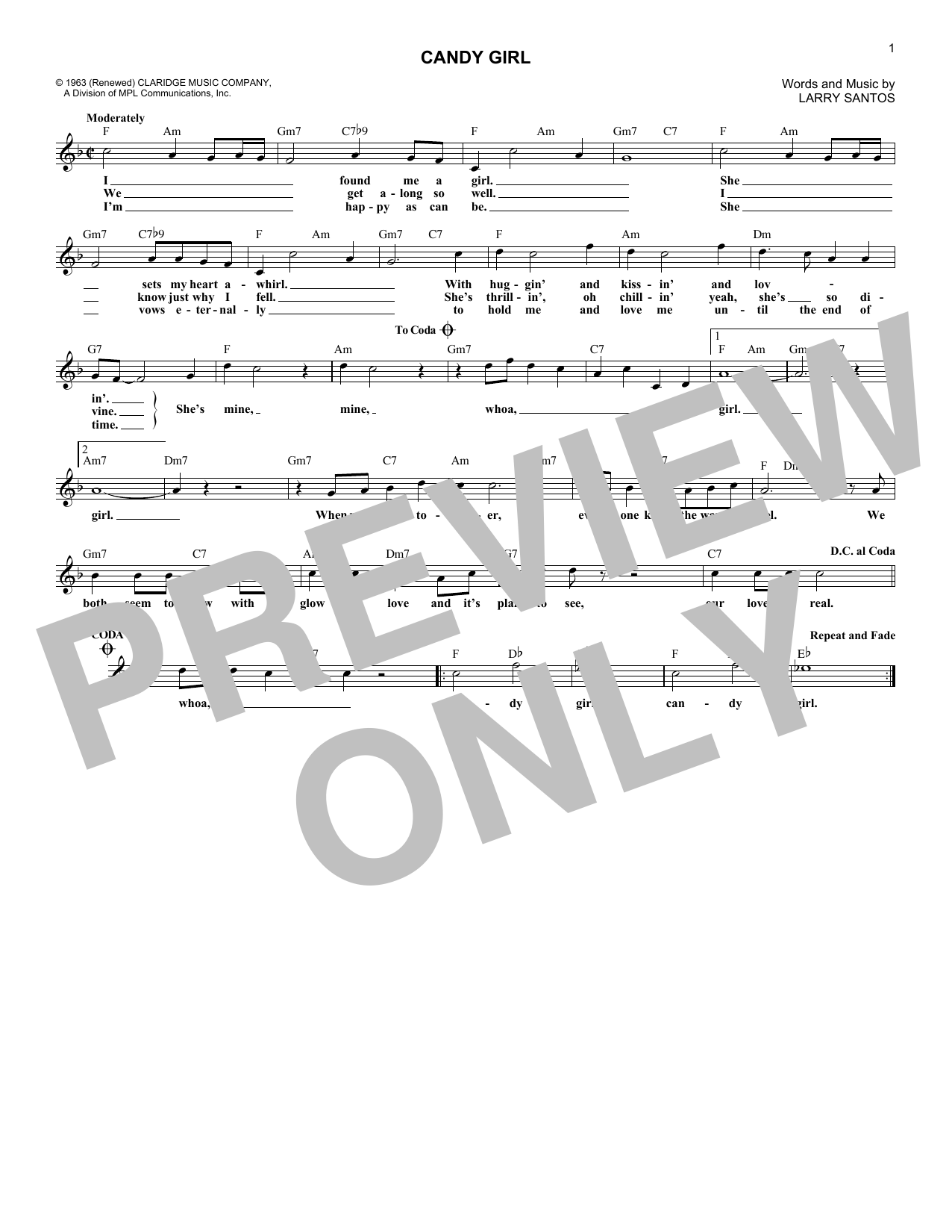 The Four Seasons Candy Girl Sheet Music Notes & Chords for Melody Line, Lyrics & Chords - Download or Print PDF